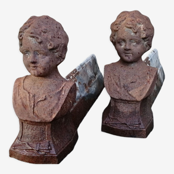 Pair of cast iron fireplace chenets "Children"