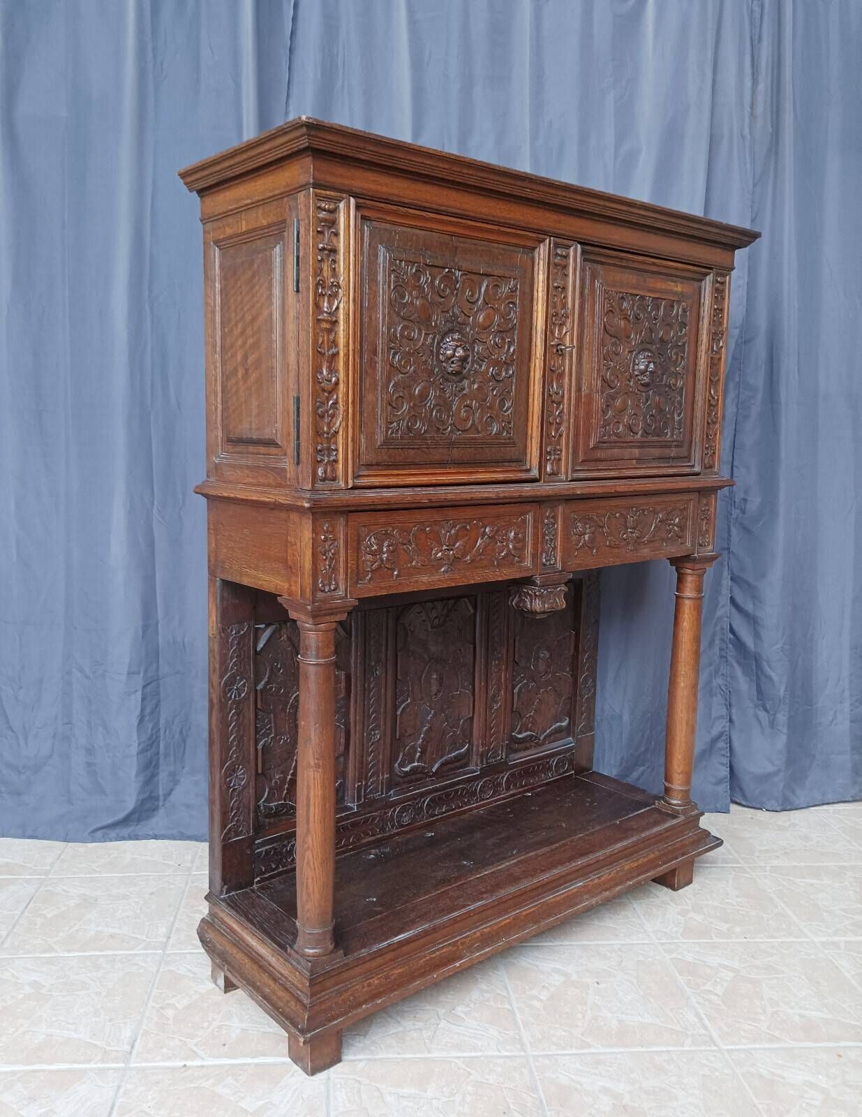 Renaissance oak carved buffet cabinet