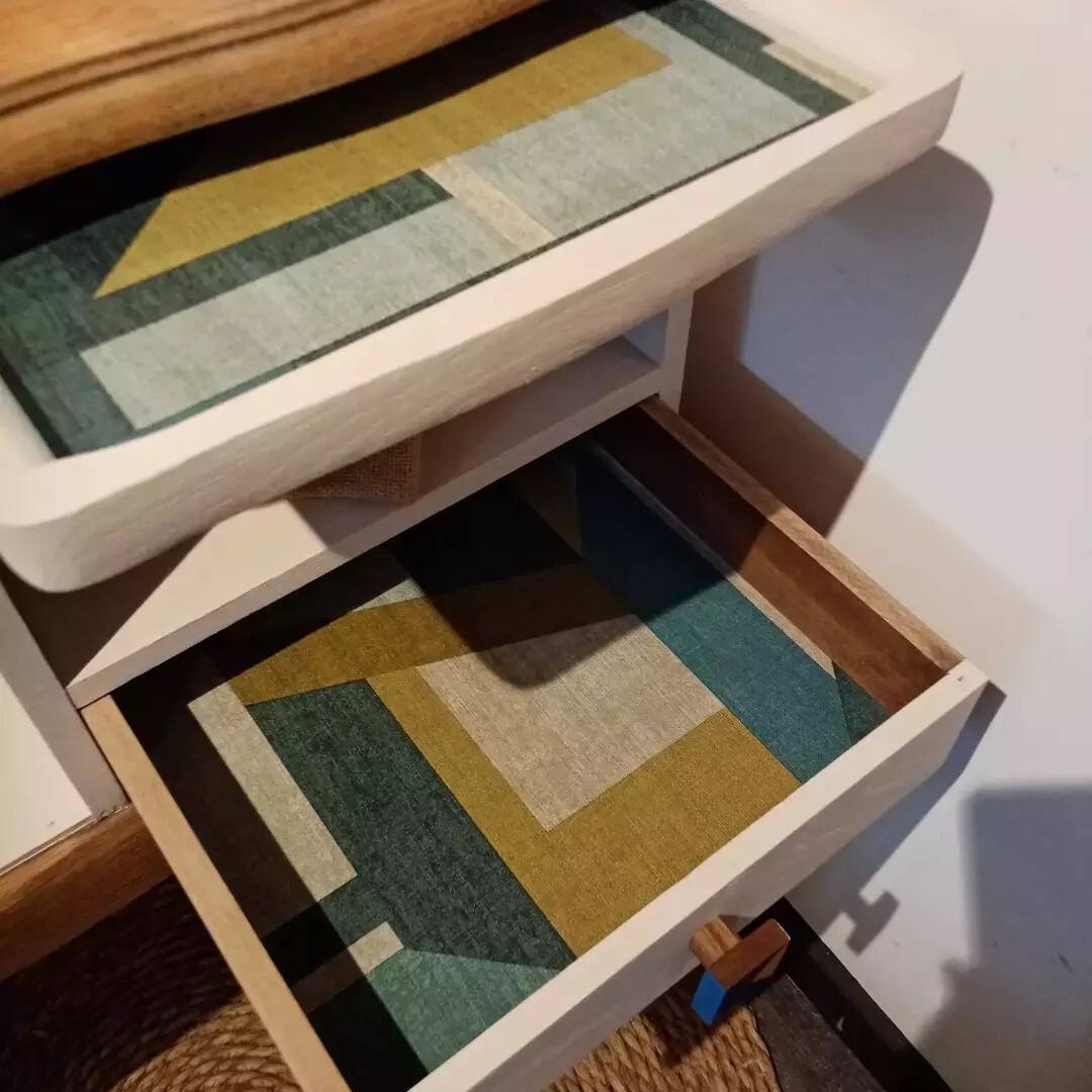 Redesigned beige and wood telephone bench