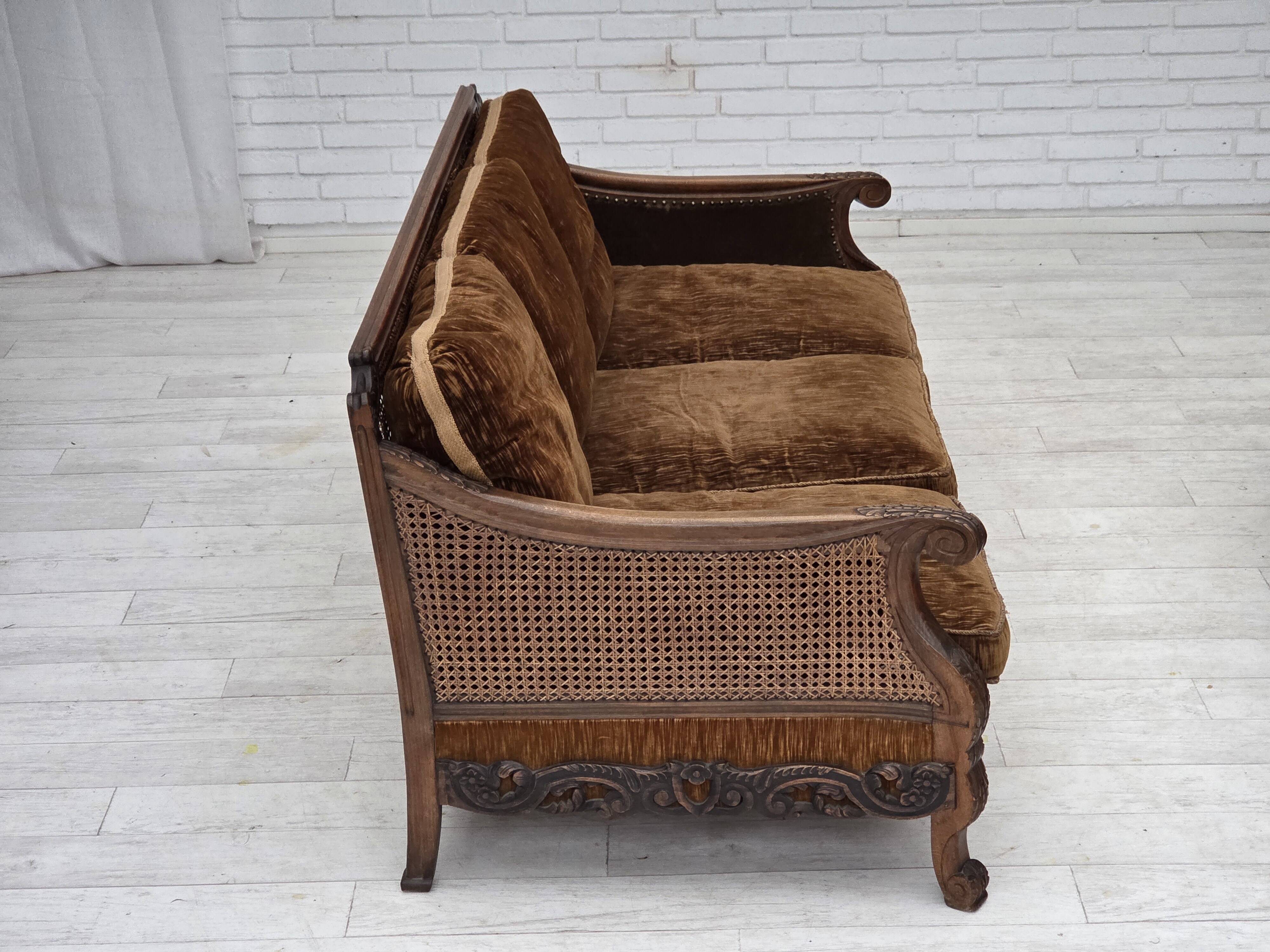 1930-35s, Danish 3-seater sofa, furniture velour, furniture mesh, ash wood.
