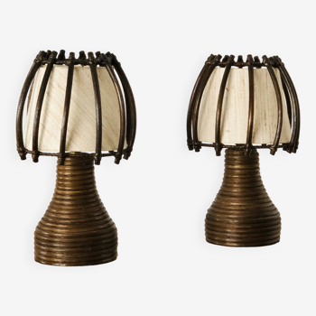 Rattan table lamps by Louis Sognot, France 1950s