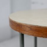 Side table tubular steel base, round top strapping wood, France, circa 1950