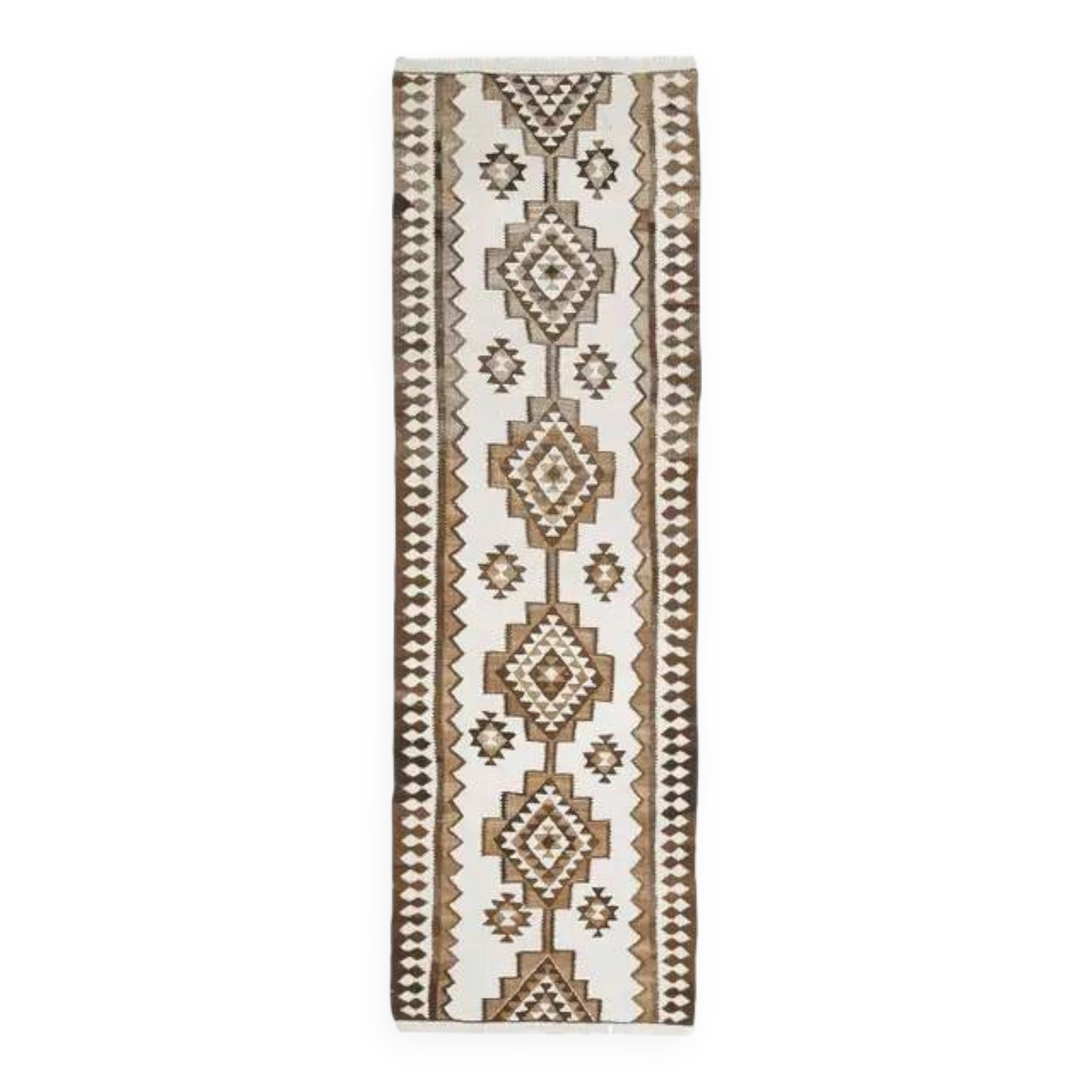 Tapis couloir vintage en laine et coton turc noué à la main blanc 90x307