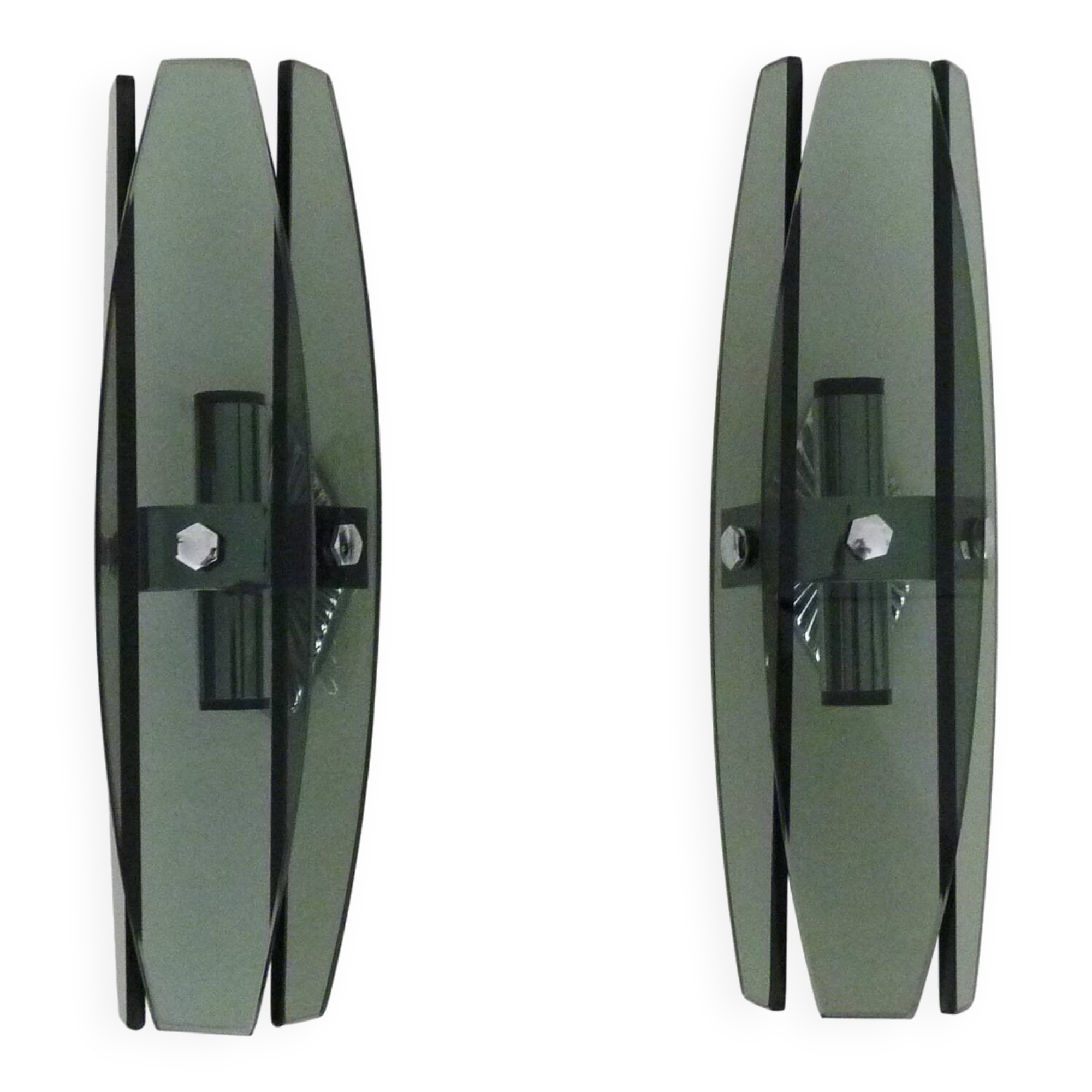 Pair of Italian wall lights Veca Fontana Arte in smoked glass and chrome.