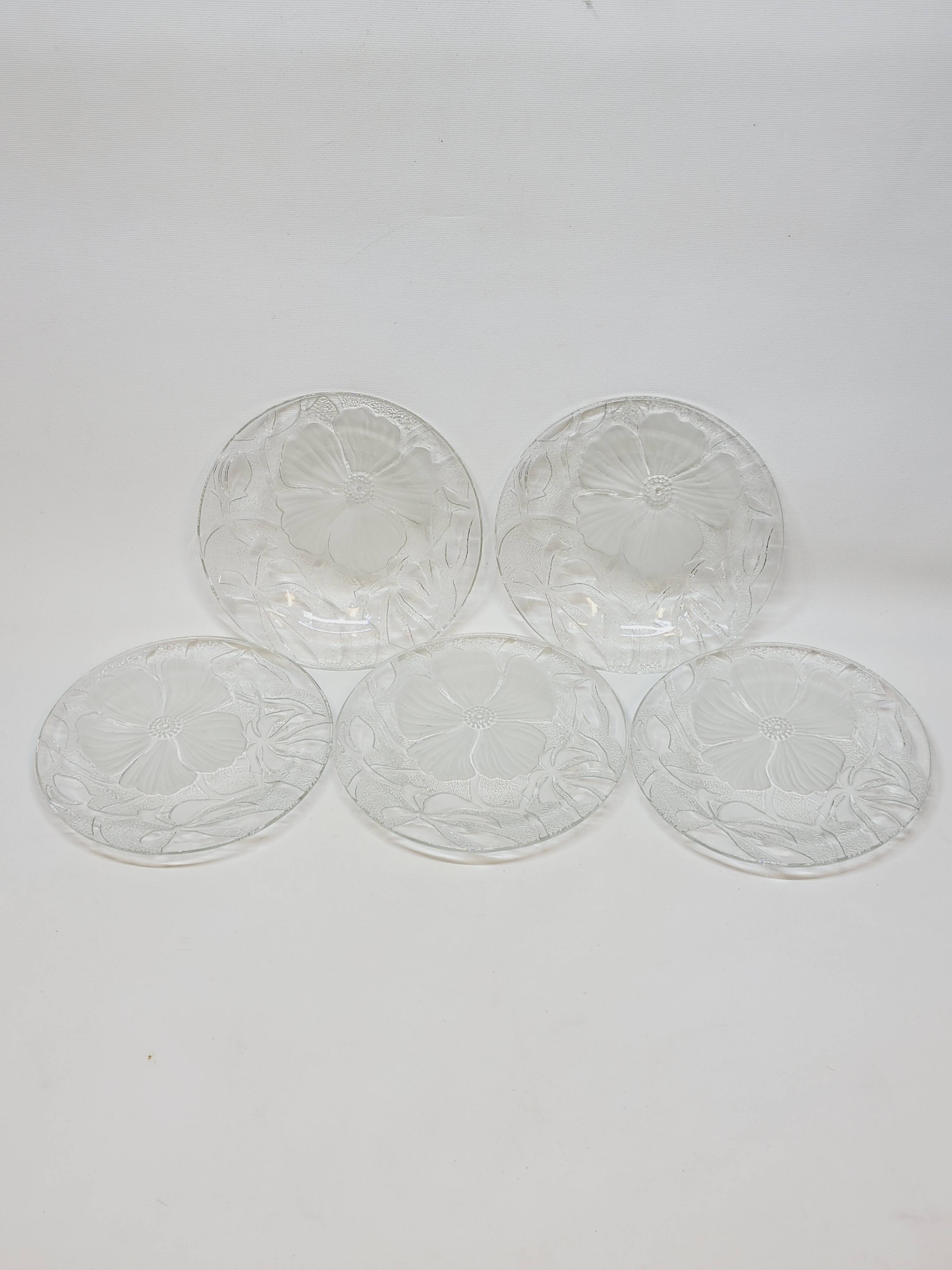 5 Small Transparent Frosted Glass Plates Vintage Floral Decor Kig Indo