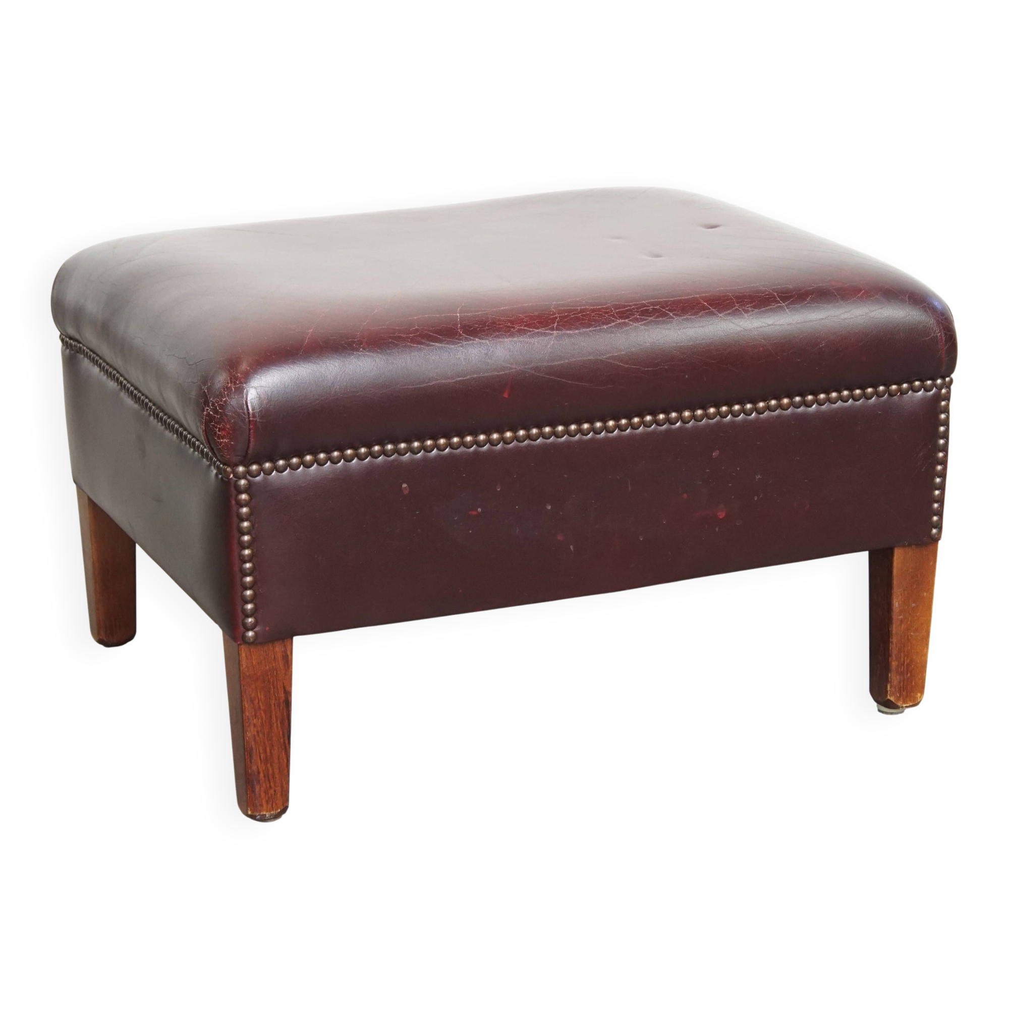 Bordeaux Red Cowhide Ottoman / Footstool in English Style