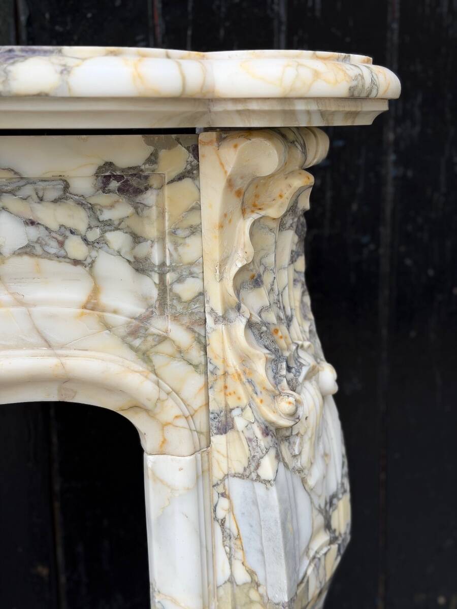 Louis XV style fireplace in purple breccia marble, circa 1880.