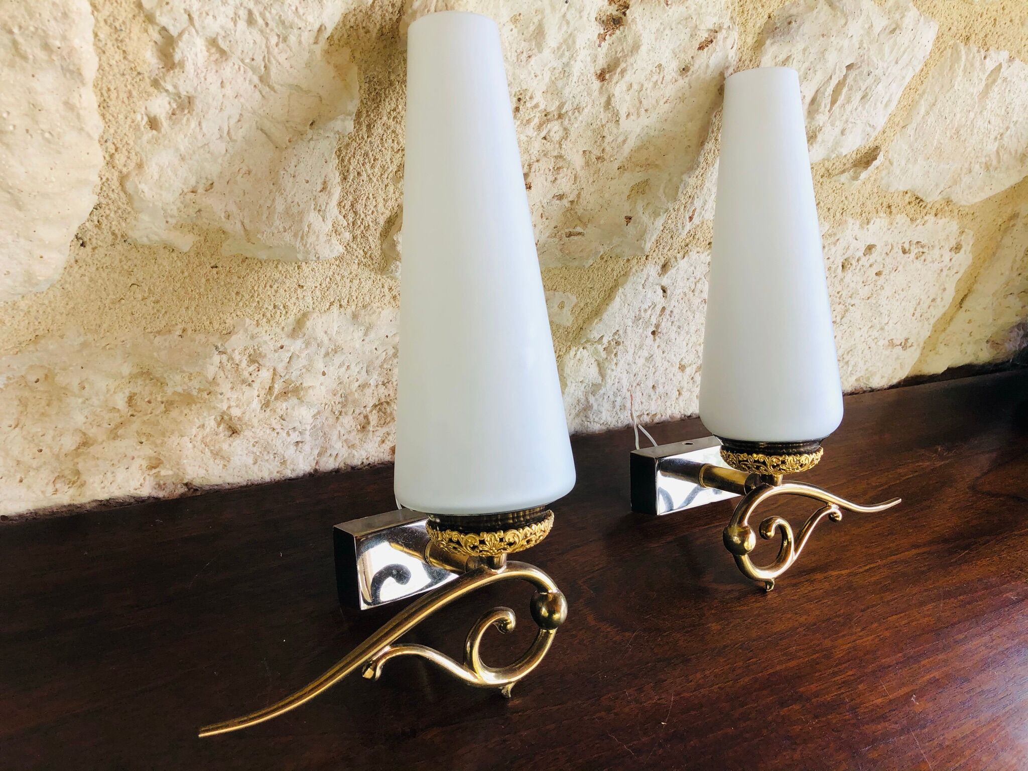 Pair of wall sconces in opaline and brass 60s