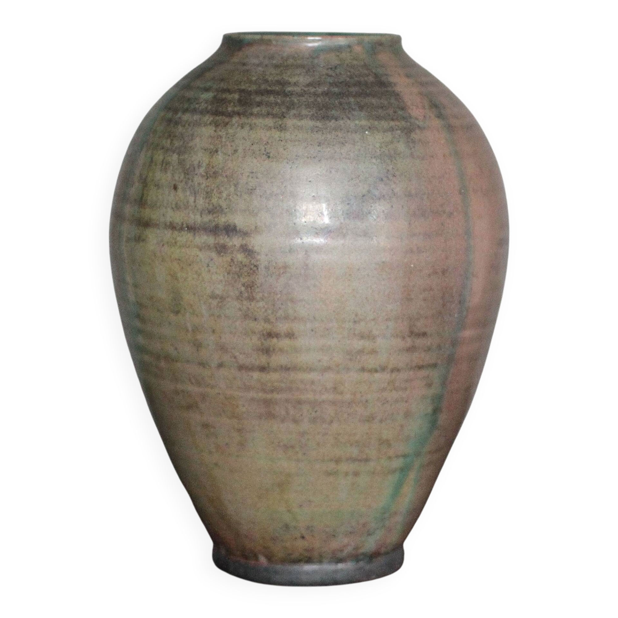 Glazed green ceramic vase signed AB, pottery, flower pot, vase.