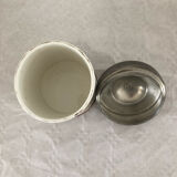 Ceramic salt jar pewter lid stamped J G