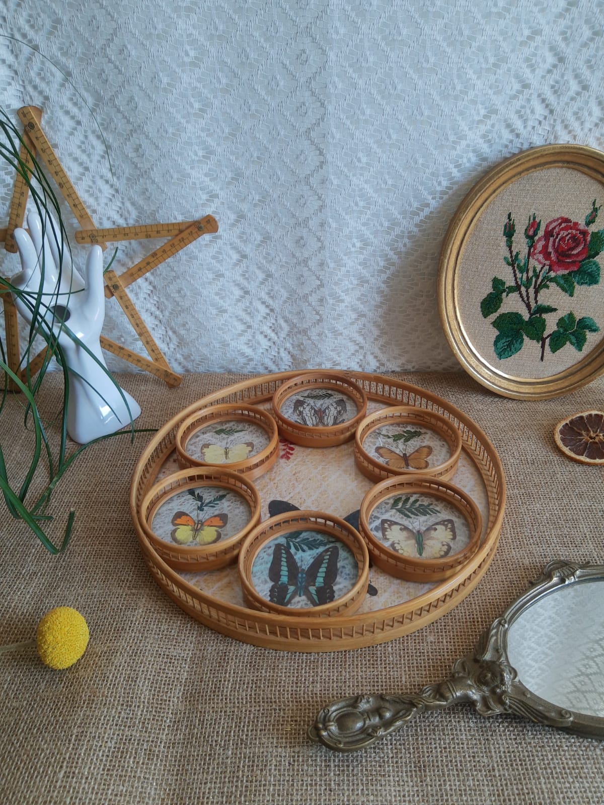 Set tray and 6 under glass bamboo vintage butterflies