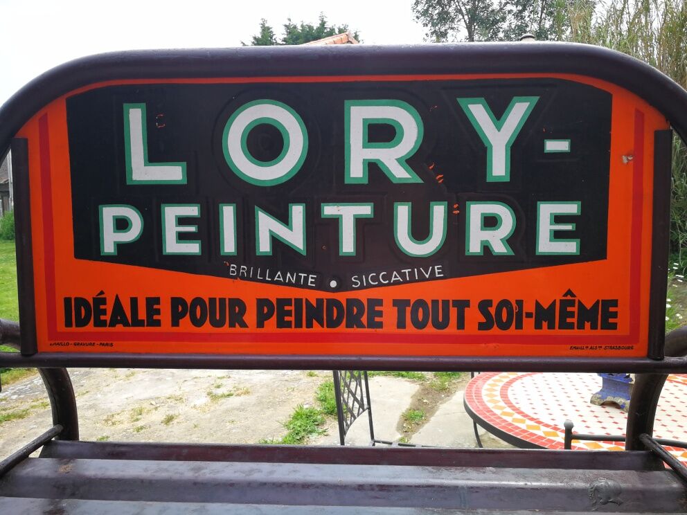 Ancien présentoir de peintures Lory avec plaque émaillée double face