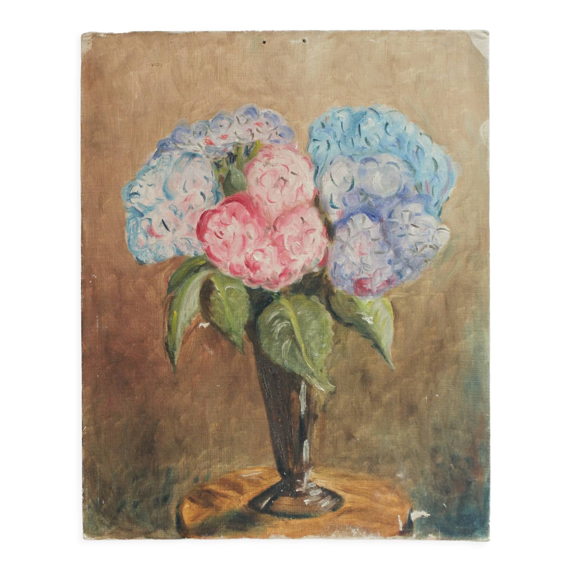 Antique oil painting on cardboard, bouquet of flowers