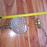 Old pendant light, structured glass globe - gilded brass