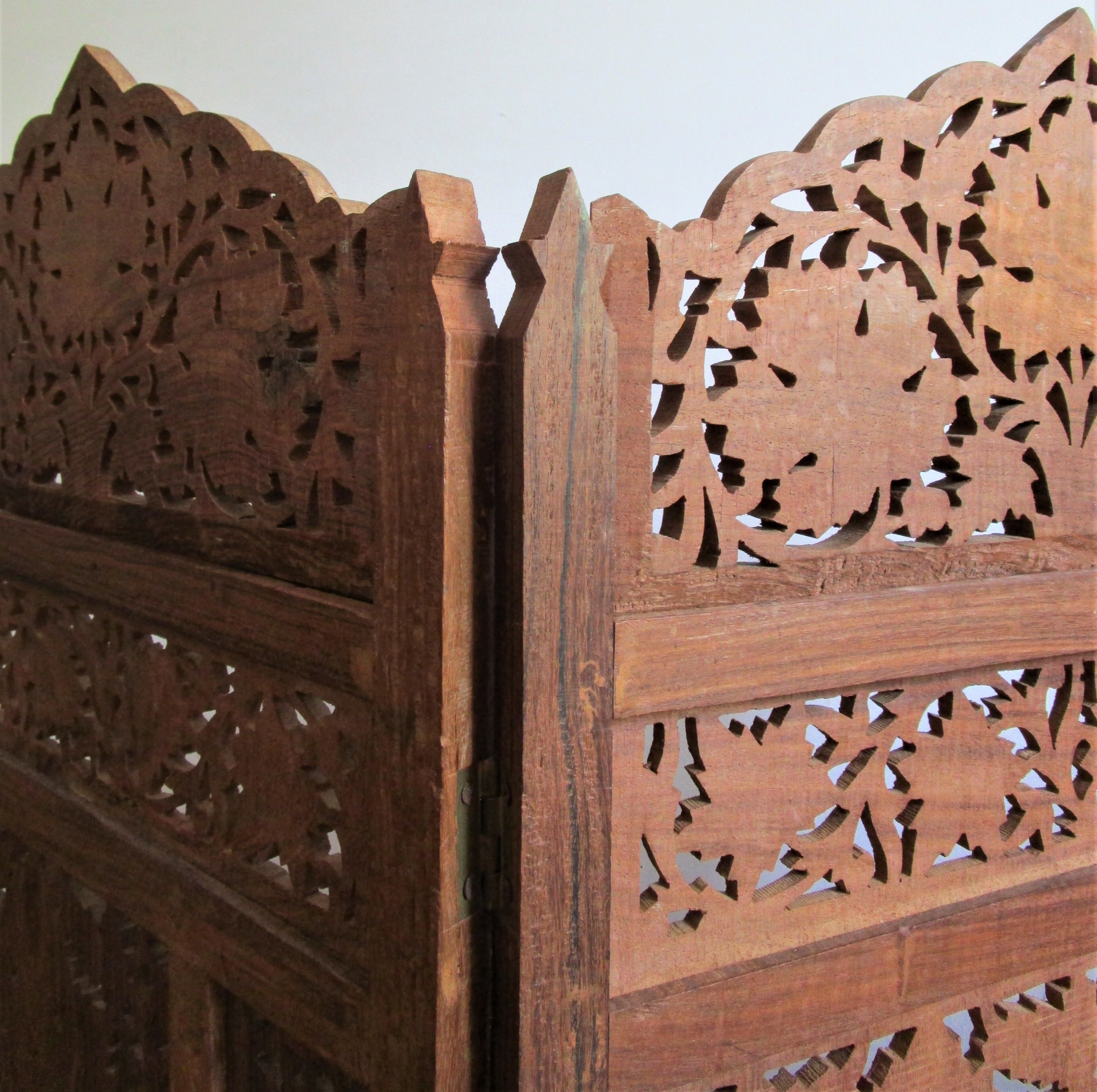 Solid wood screen carved four vintage panels height 98 cm