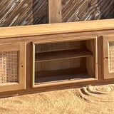Meuble télé tv ancien en bois brut et cannage