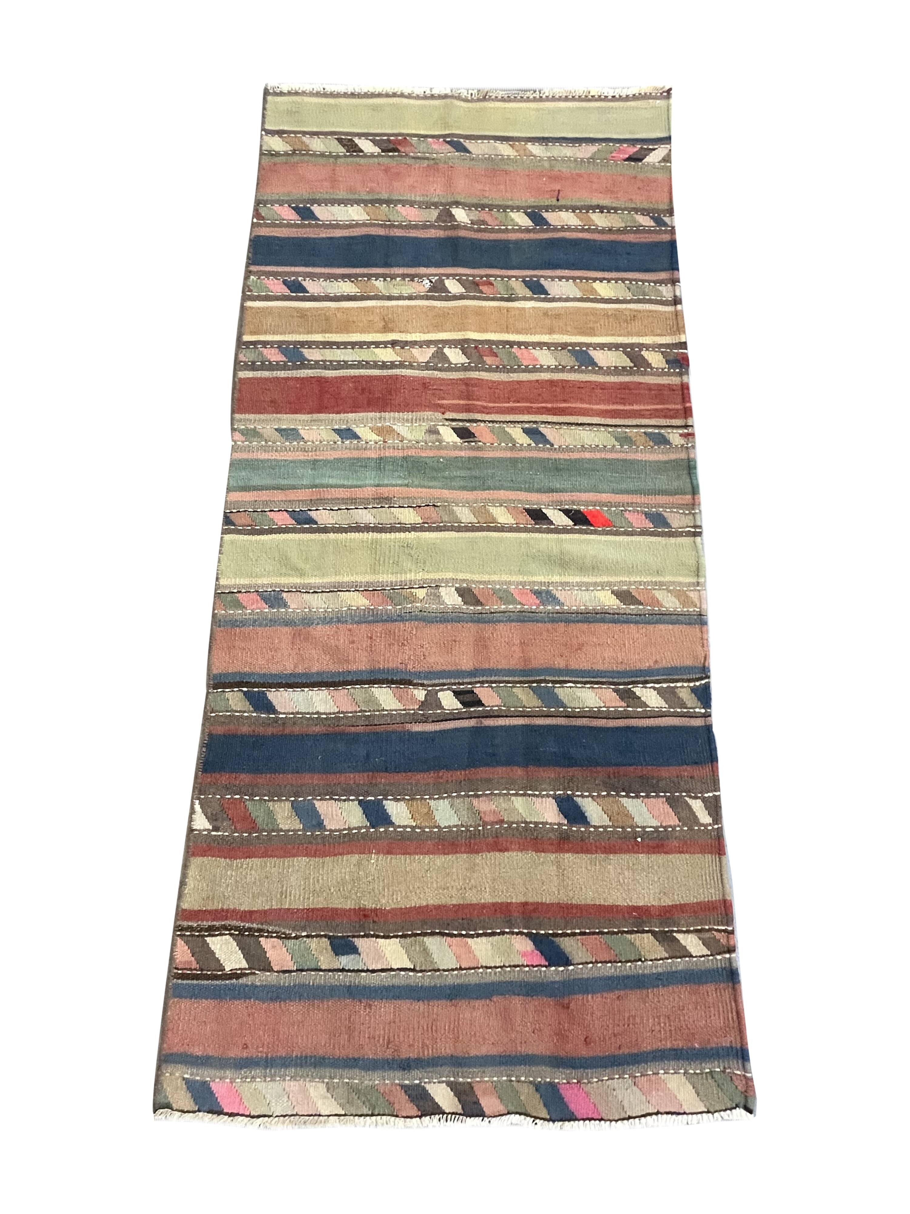Striped Kilim Runner Rug, Handmade Wool Flatweave Rug 250 x 120 cm