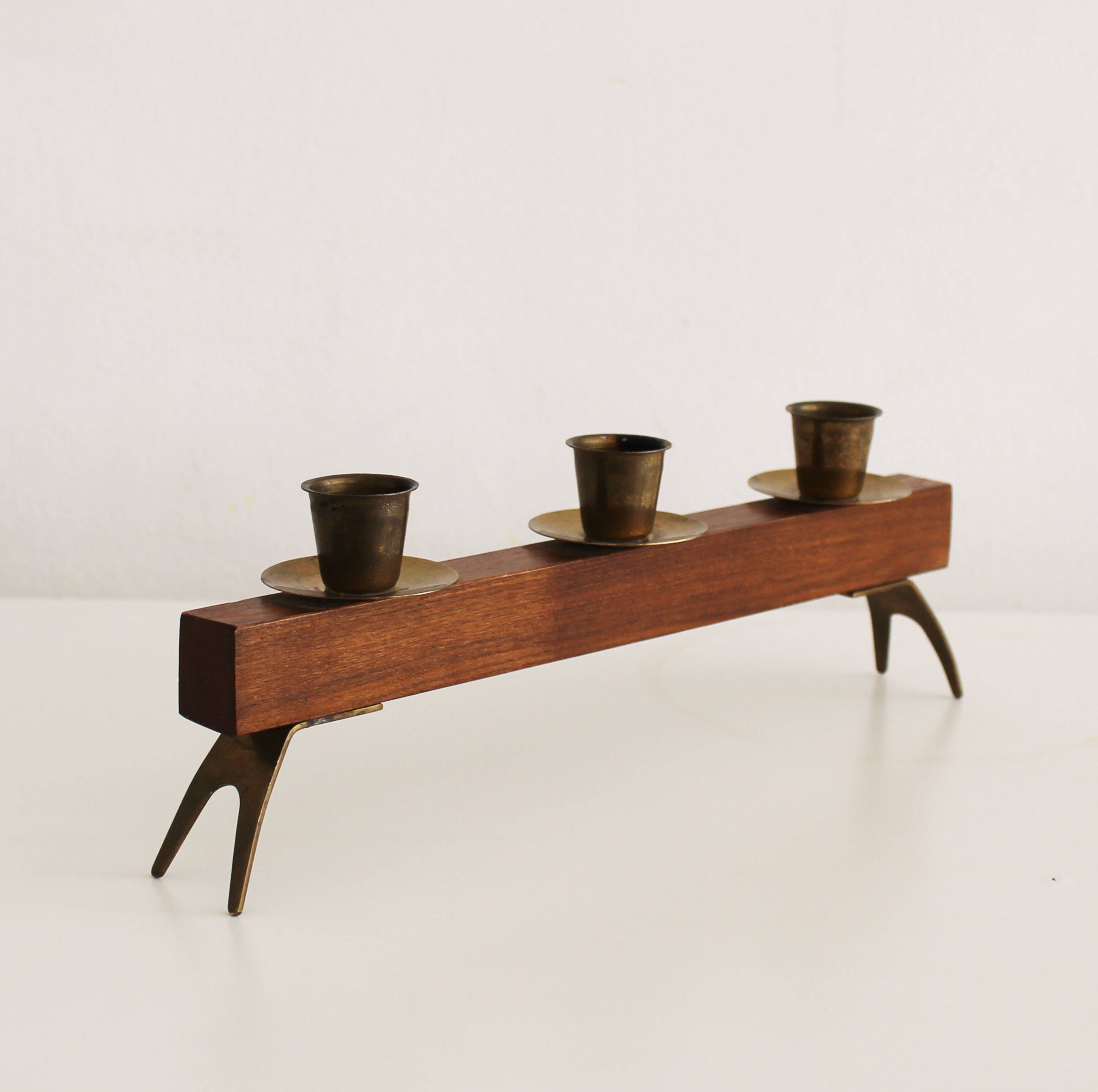 1960s Sculptural Wooden & Brass Candleholder