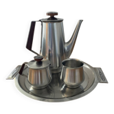 Vintage tea or coffee set in stainless steel and wood – signed Roger Insilco –
