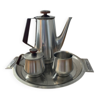 Service à thé ou café vintage en inox et bois – signé Roger Insilco –