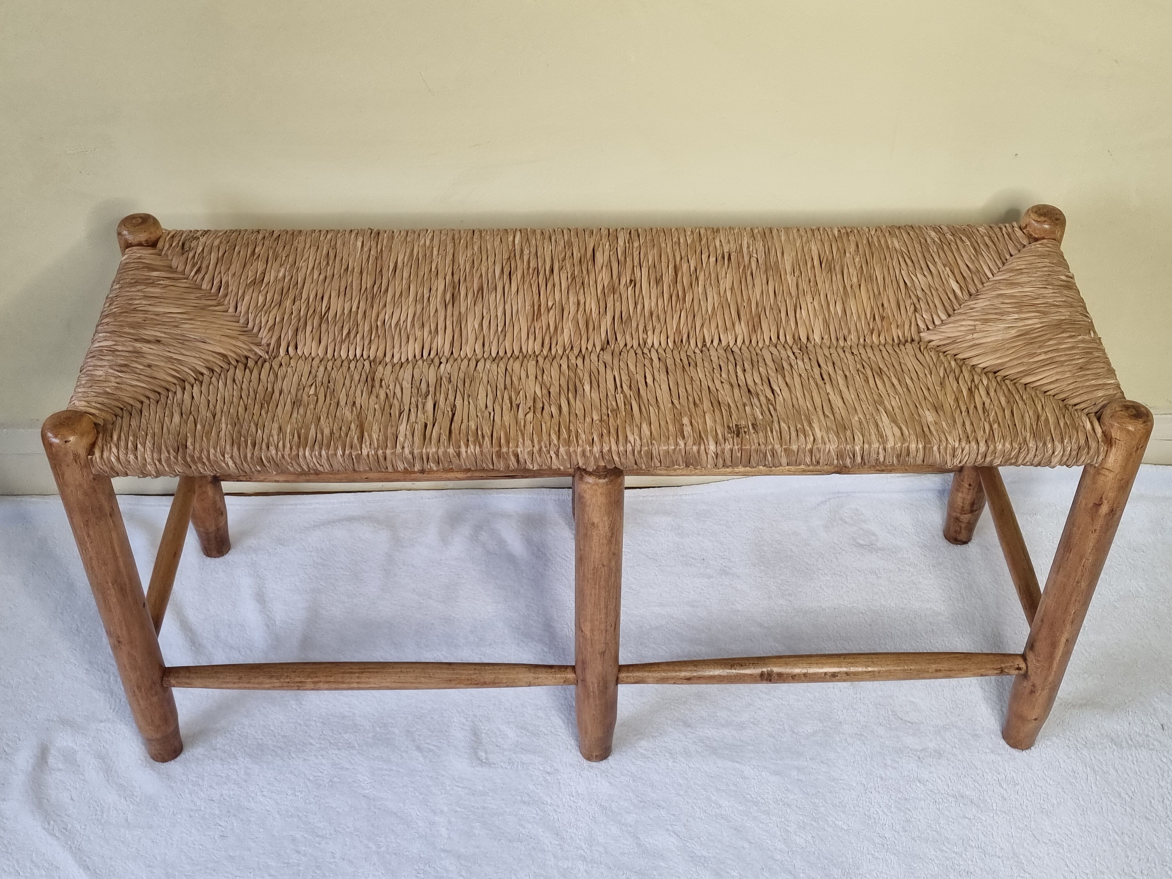 Wooden entrance bench and vintage straw 90 cm