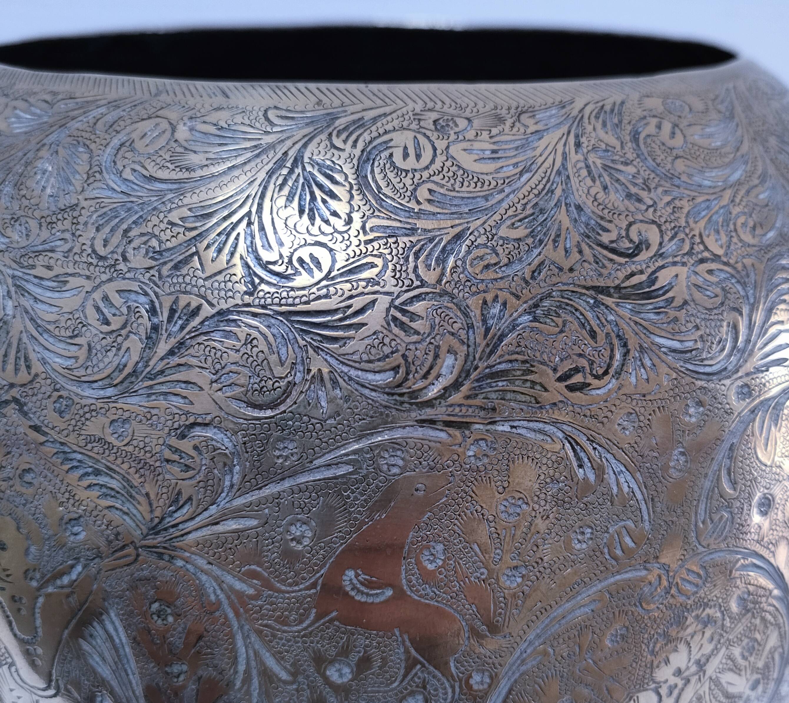 Solid brass pot cover engraved with animal, plant and character decoration