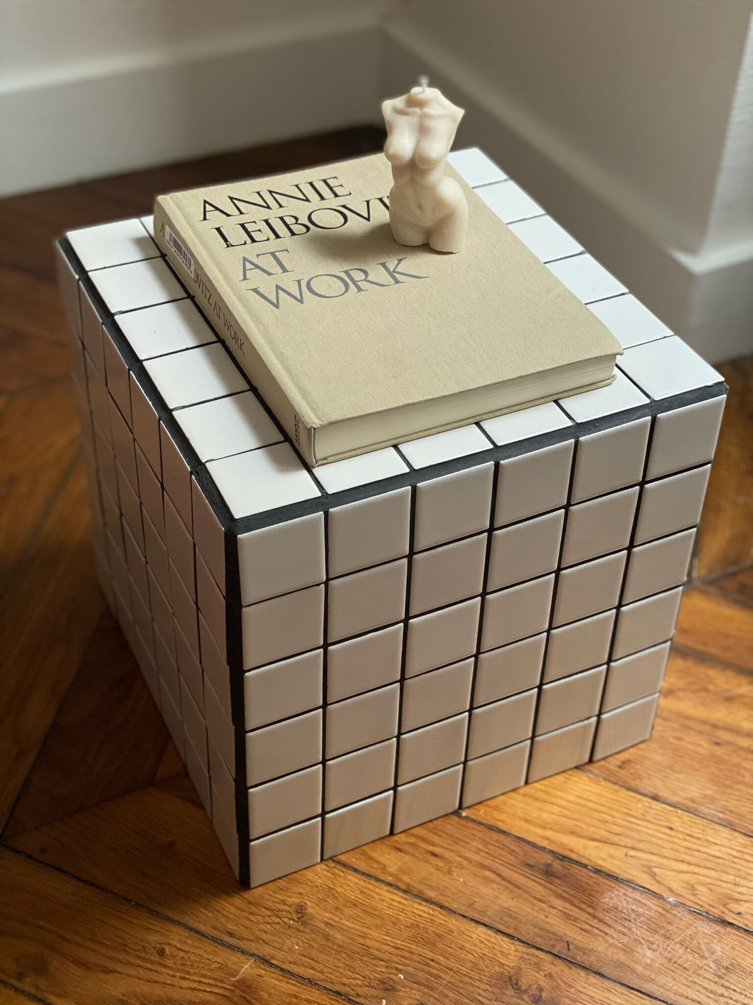 Checkerboard cube bedside table tiled white retro black tile