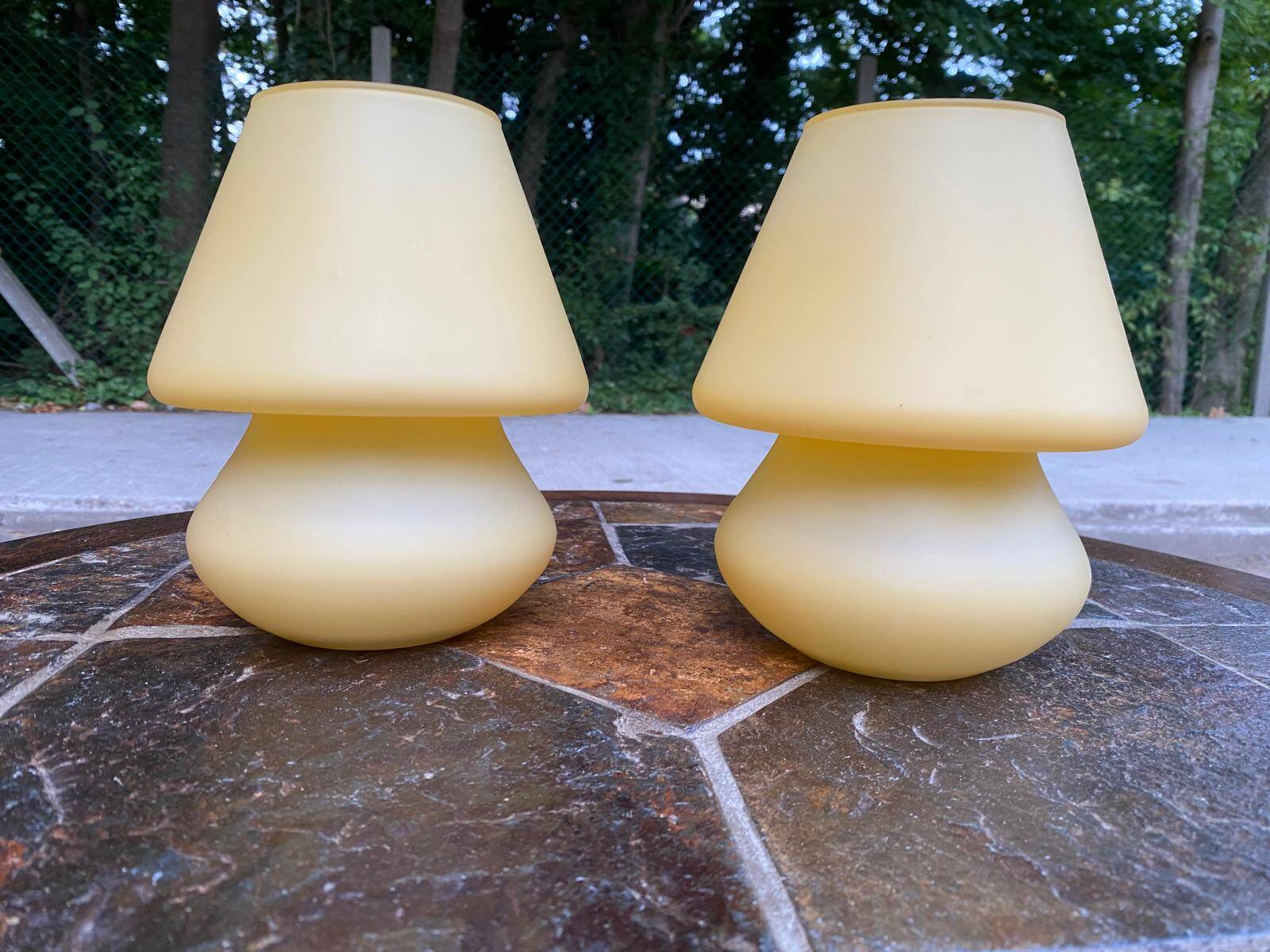 Pair of vintage yellow glass mushroom lamps SCE France