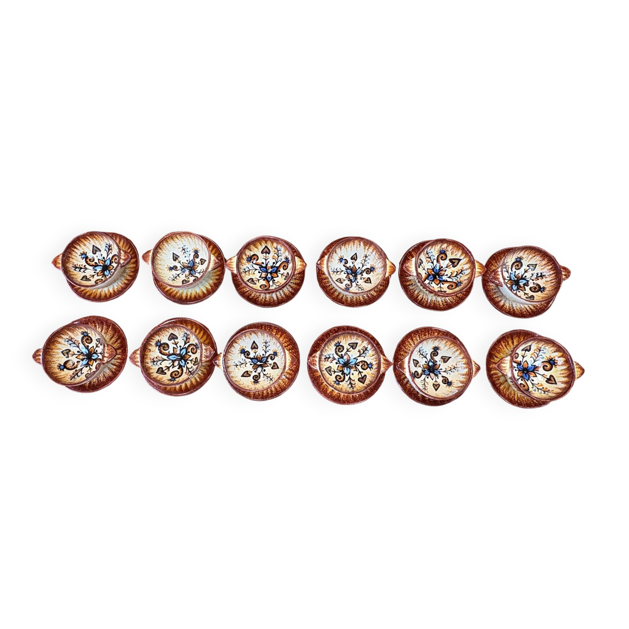 Set of 12 ear bowls with saucers – Quimper earthenware – P. Fouillen