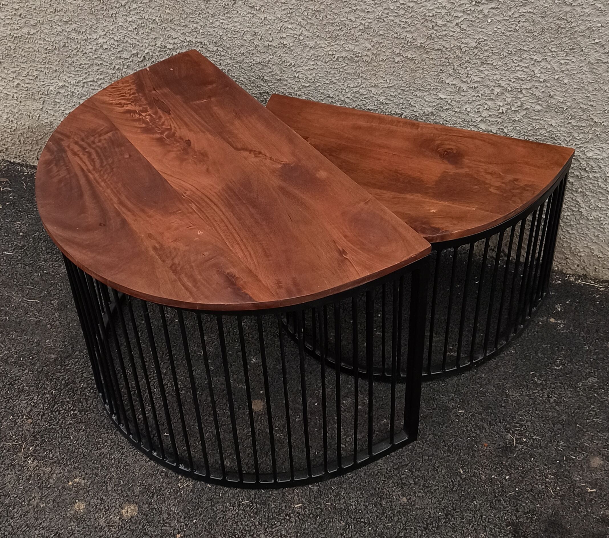 Half-circle wooden tables, metal feet