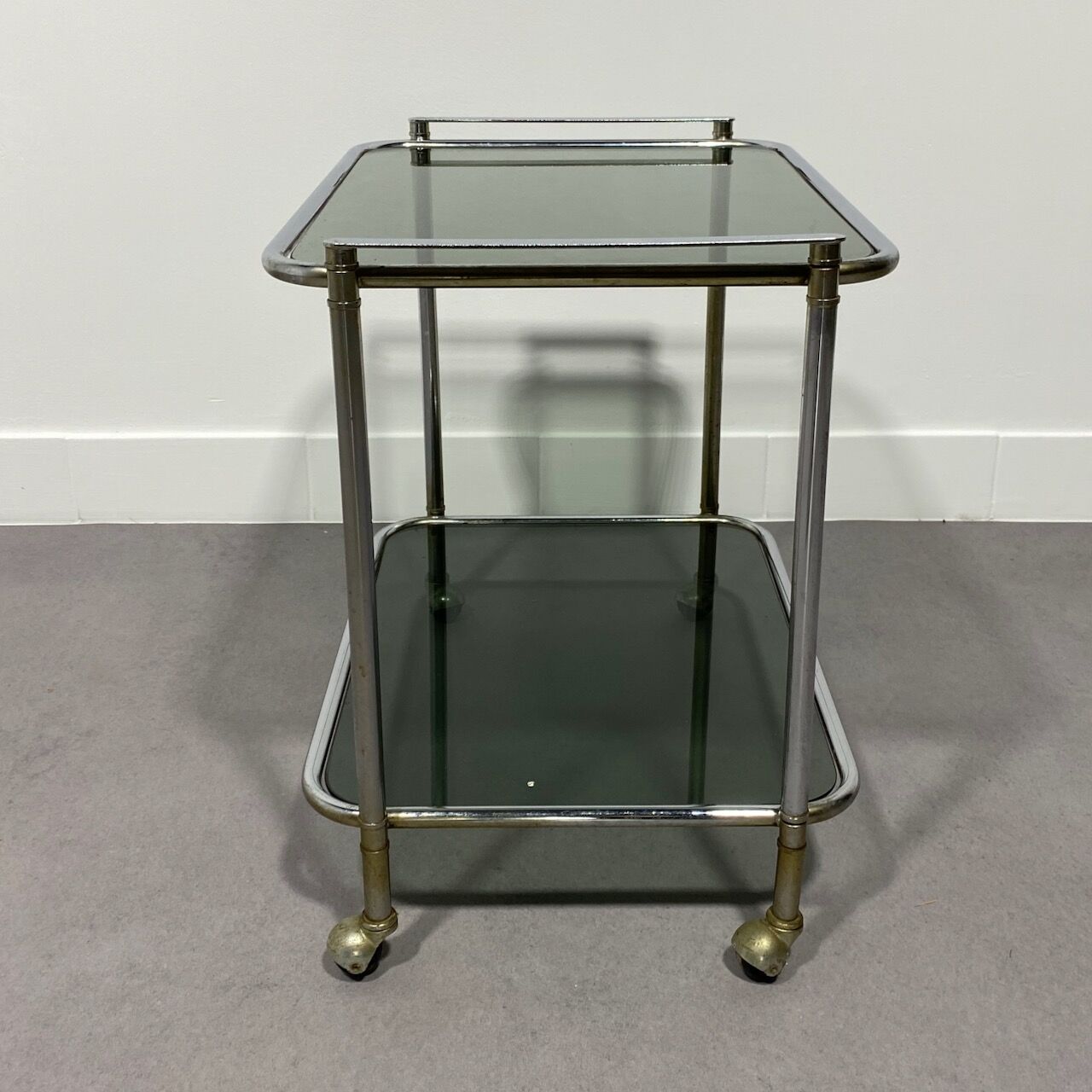 Chrome bar cart with green fume glass