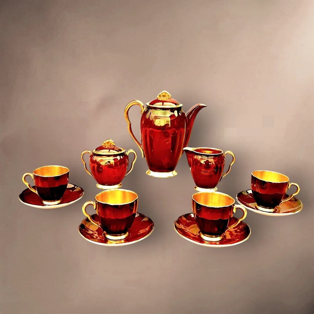 Vintage Carlton Ware coffee service “Rouge Royale” – 4 cups, coffee pot, sugar bowl, and milk jug – England 1940s-50s