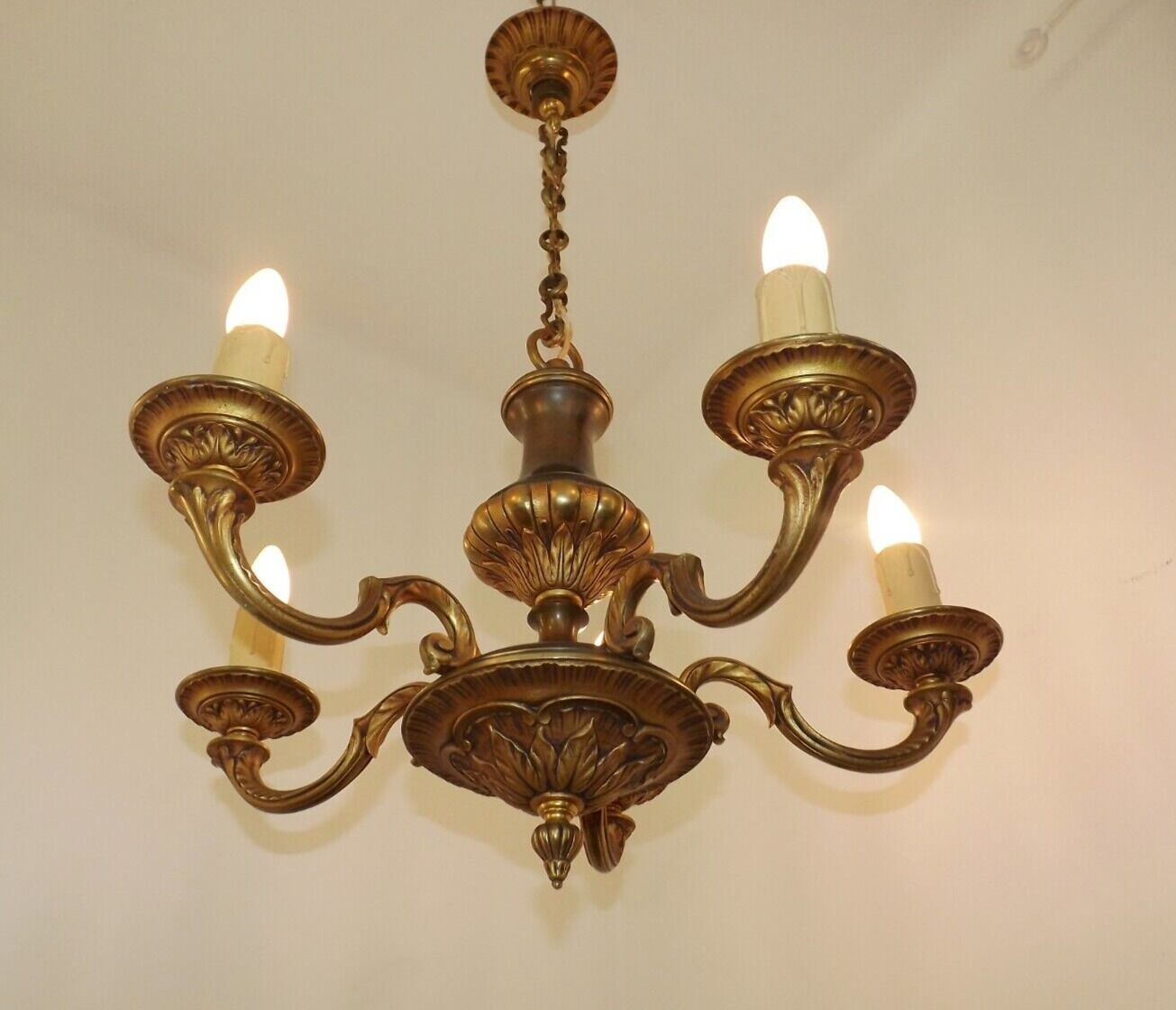 French Vintage Heavy Bronze/Brass 5 Light Empire Style Chandelier 3990
