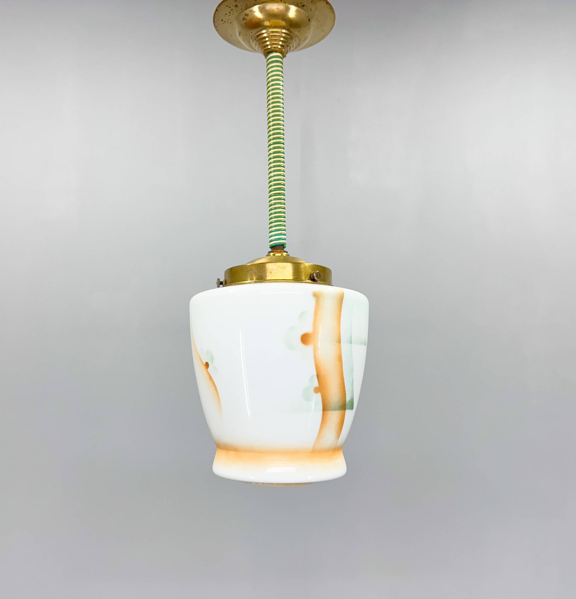Small Art Deco Brass & Colored Glass Pendant Ligt, Germany 1930's, Restored