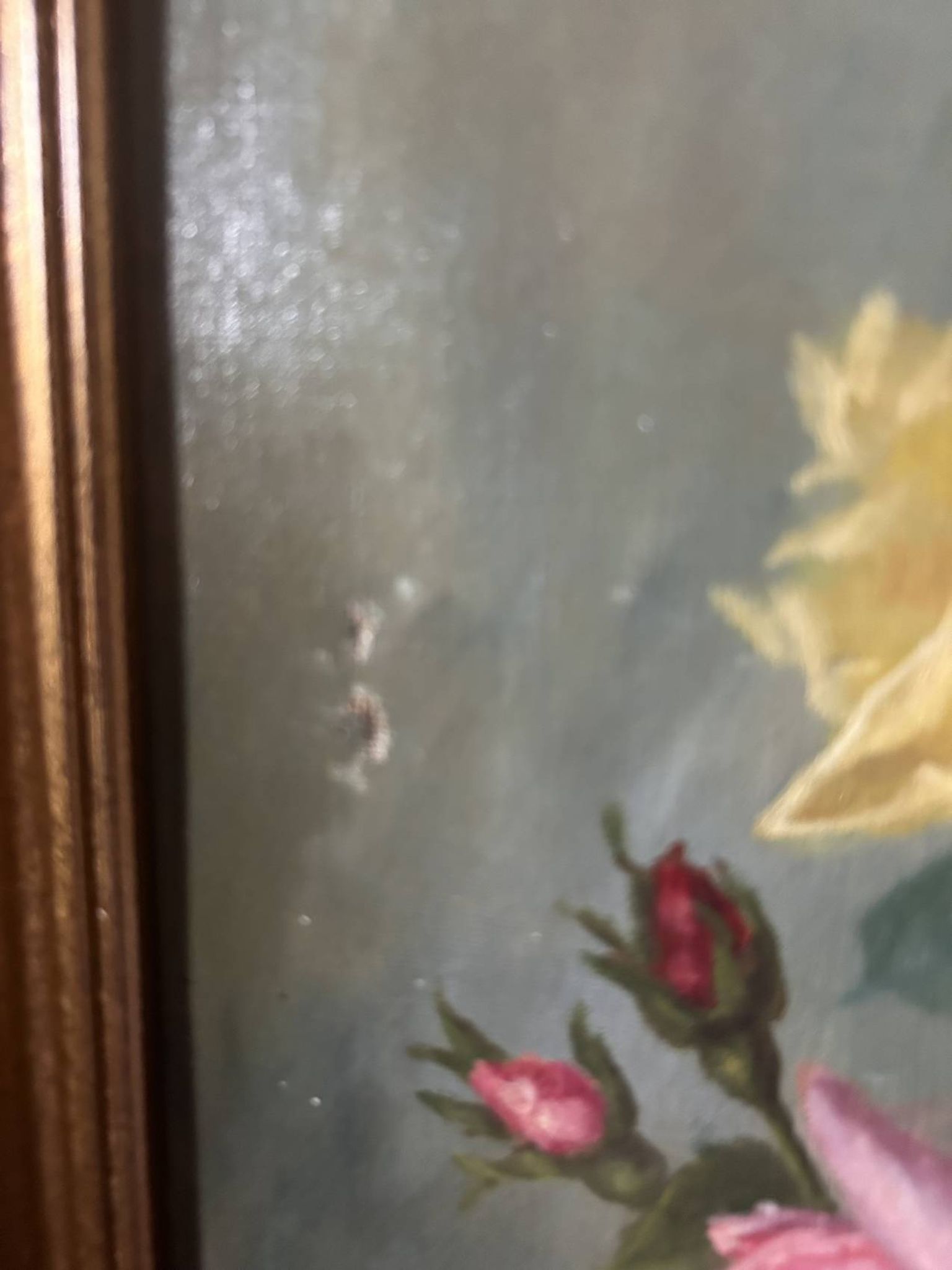Large antique painting with roses – Oil on canvas from the 1900s – 40 x 102 cm – a large decorative format