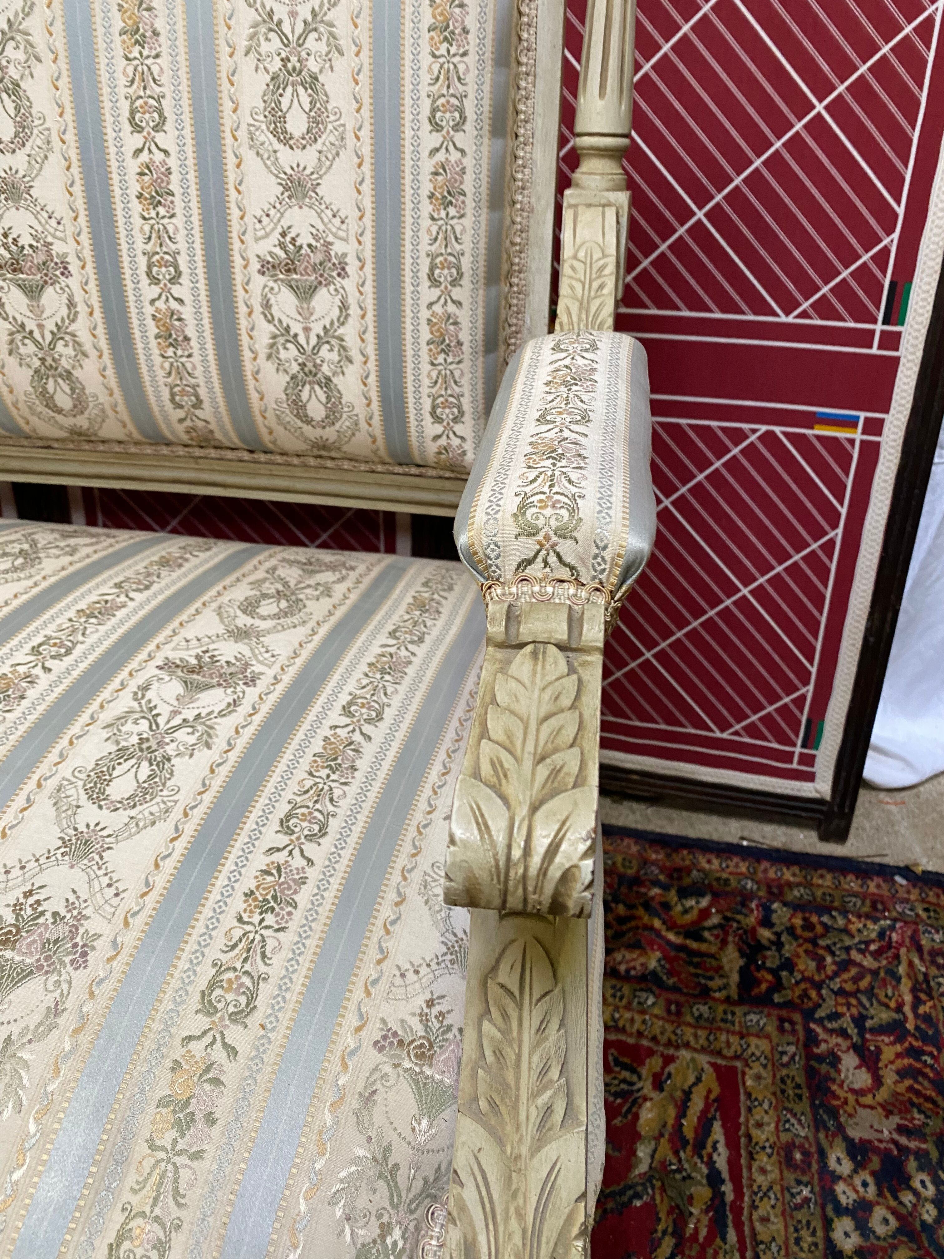Louis XVI style bench carved with original fabrics and silks