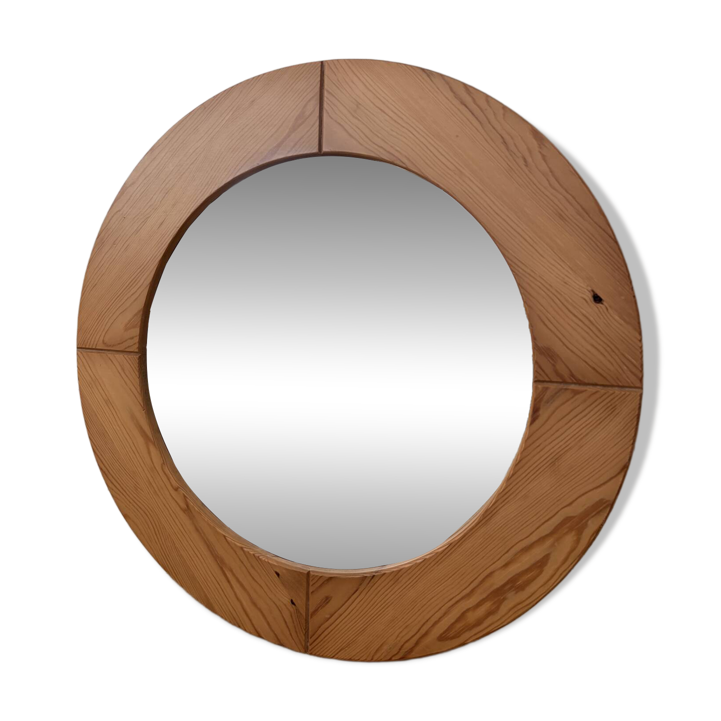 Round Scandinavian pine mirror from the 1970s.