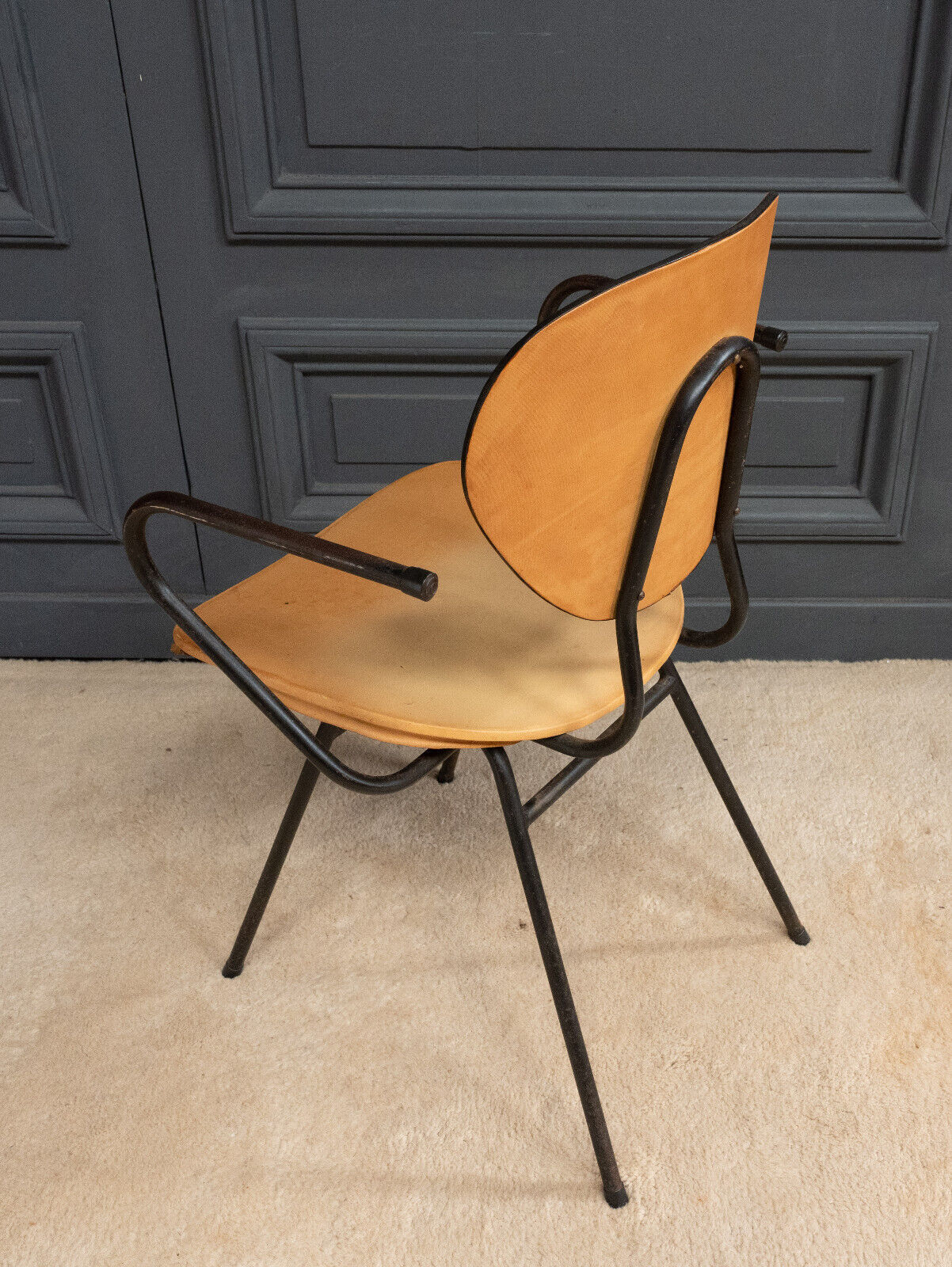 Office chair 1960 tubular seat skaï patina cream