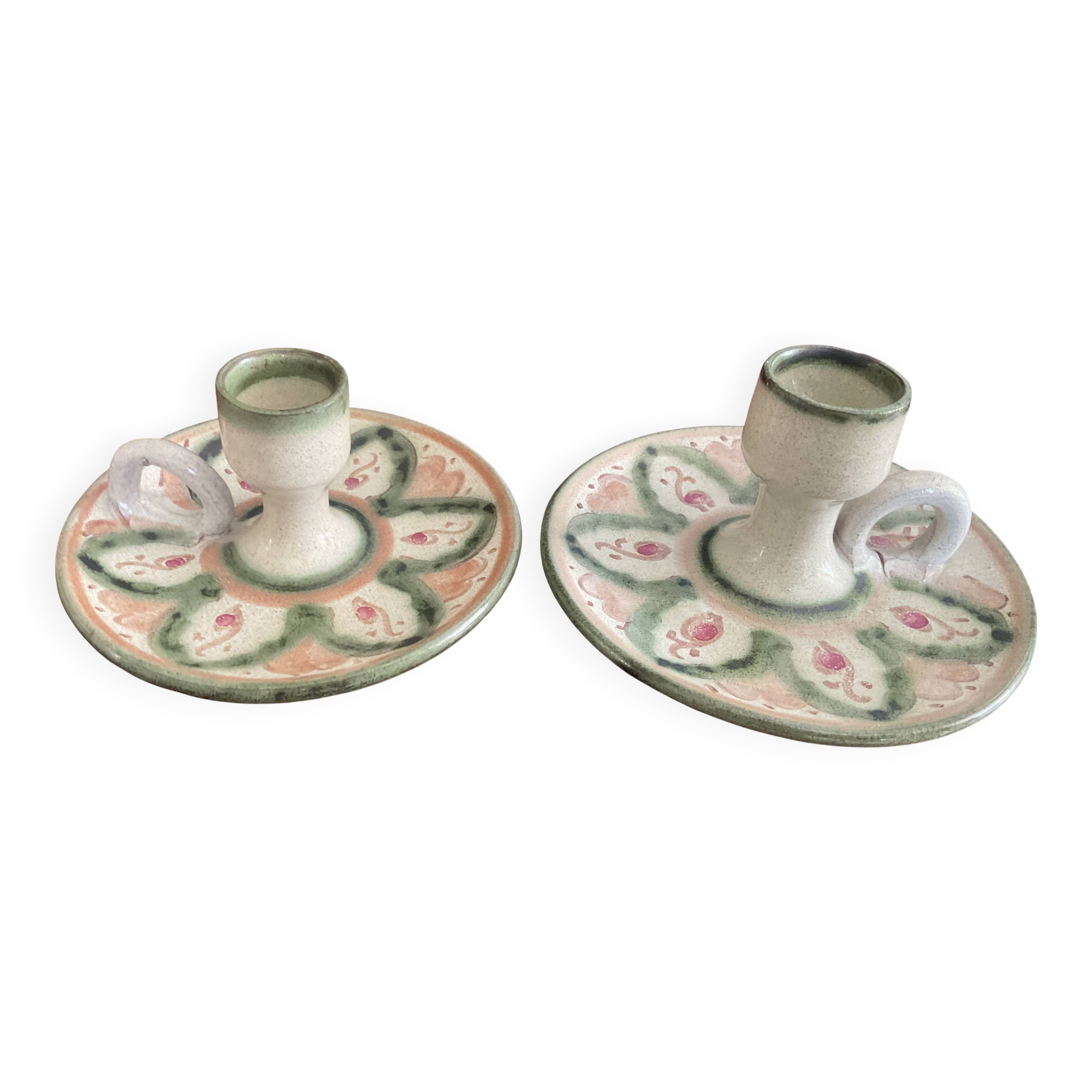 Pair of vintage cave rat candlesticks in glazed terracotta
