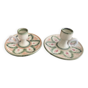 Pair of vintage cave rat candlesticks in glazed terracotta
