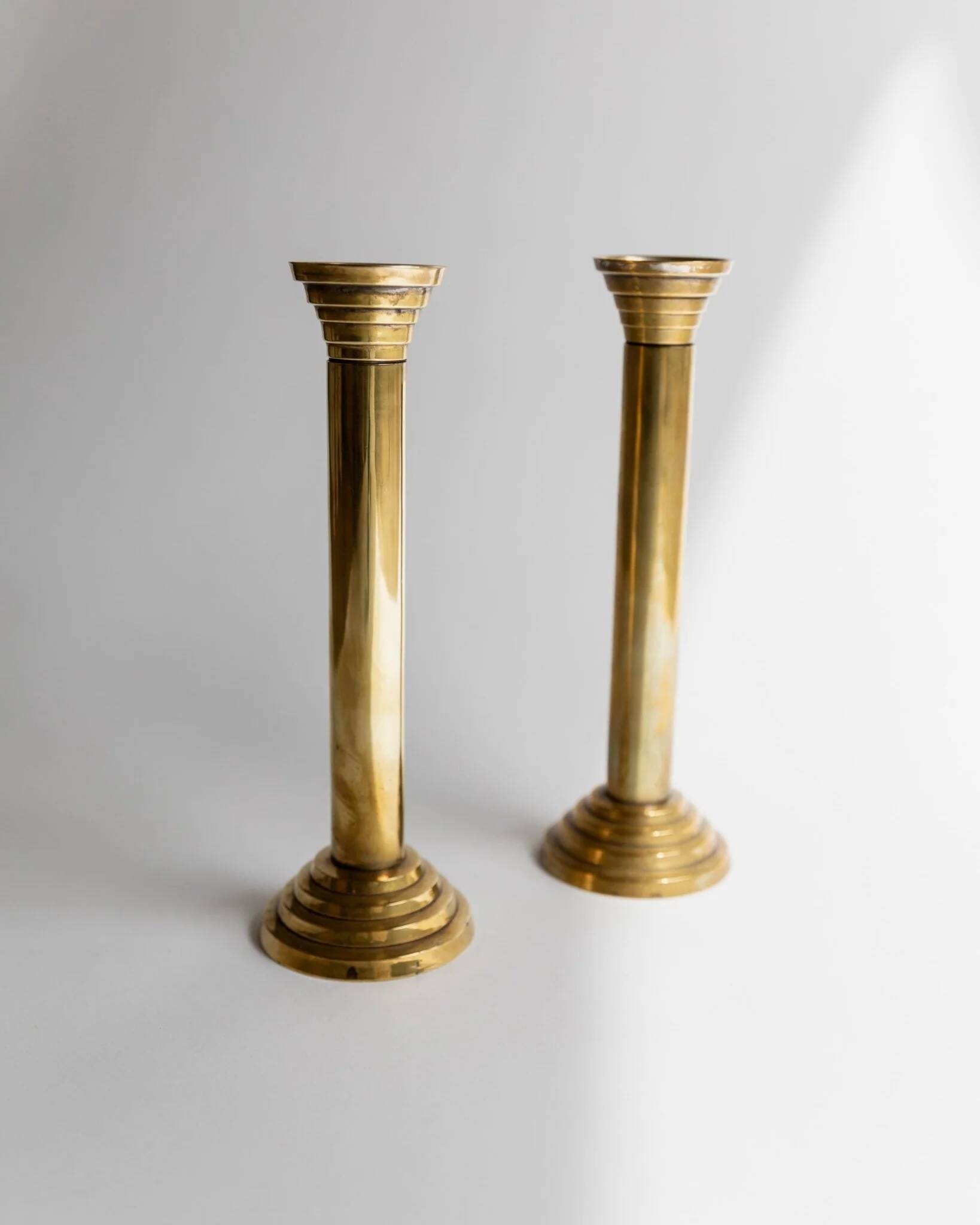 Gold-Plated Metal Candle Holders Set of 2, 1960s Italian Column Design, Vintage Table Decor