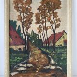 Oil painting on panel depicting a landscape with trees