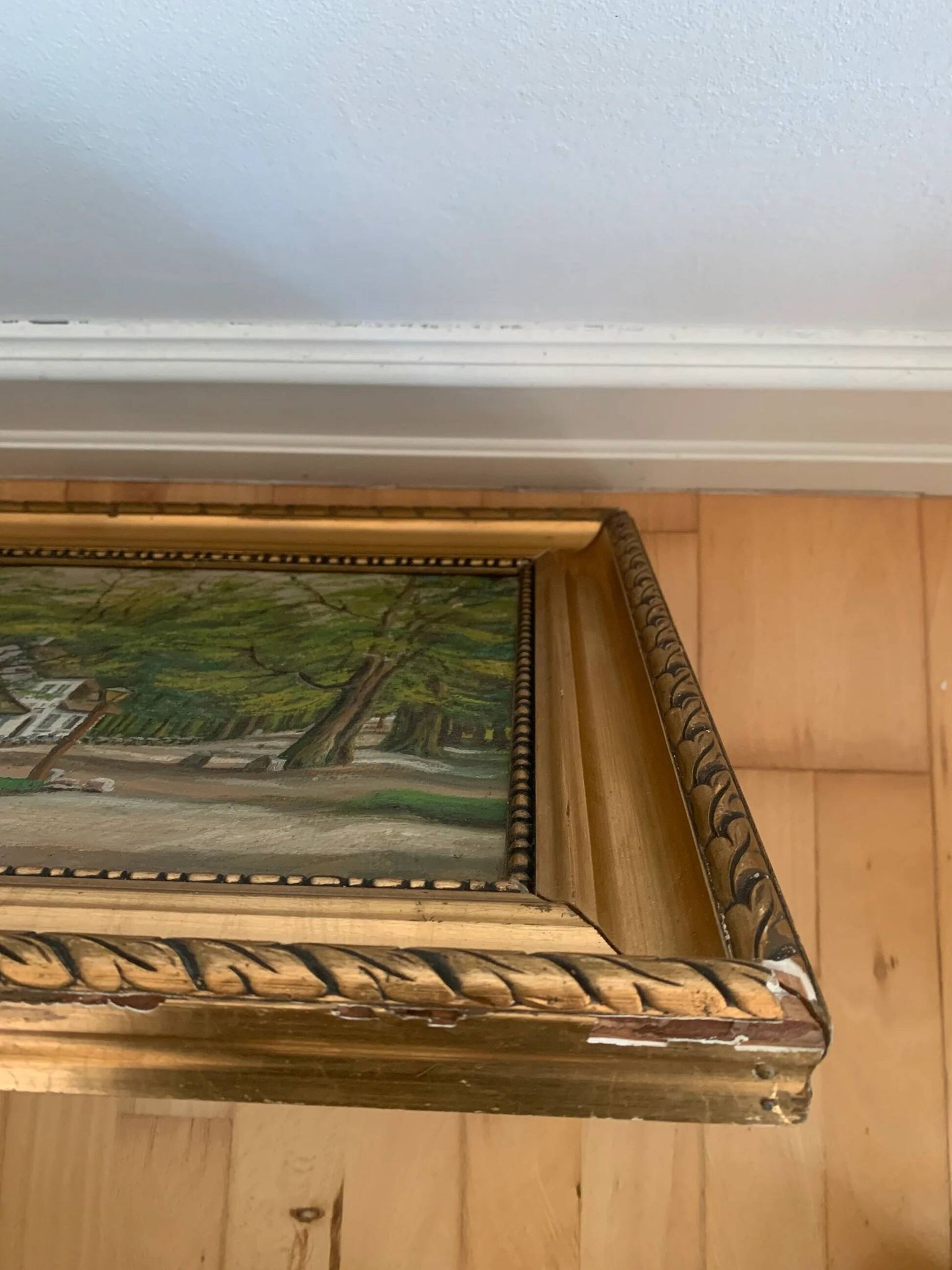 Peinture à l'huile de paysage de cottage vintage signée