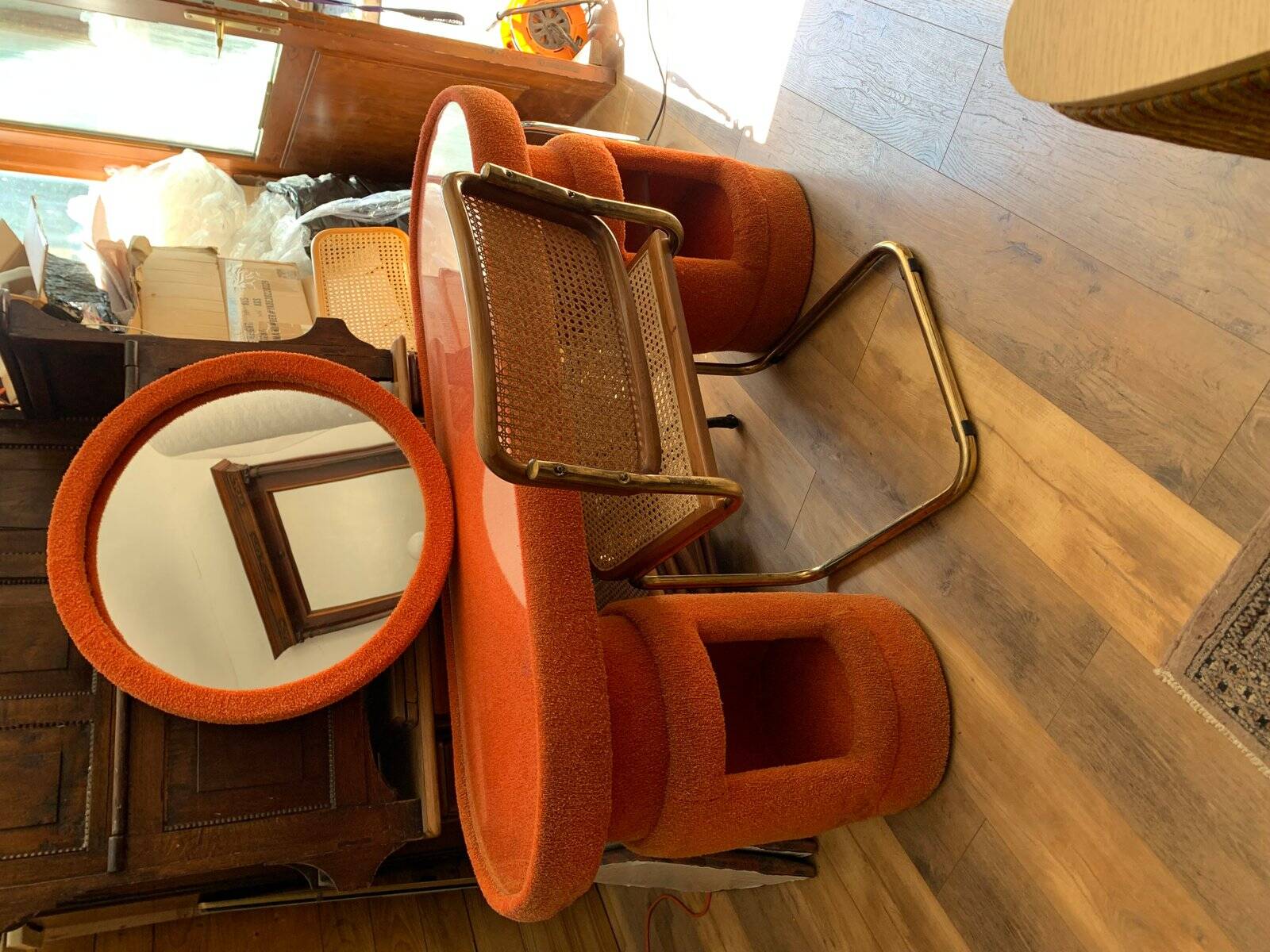Vintage brown fabric dressing table with mirror and Bauhaus brass chairs — set of 3