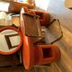 Vintage brown fabric dressing table with mirror and Bauhaus brass chairs — set of 3