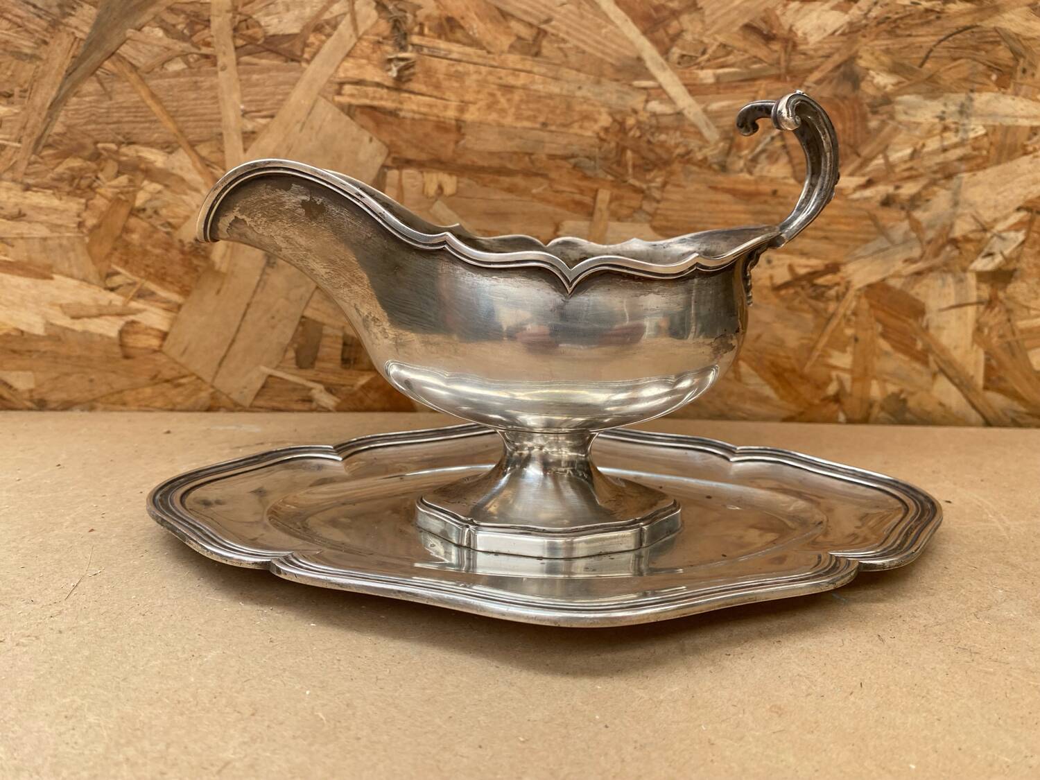 Antique silver metal gravy boat vintage kitchen utensil