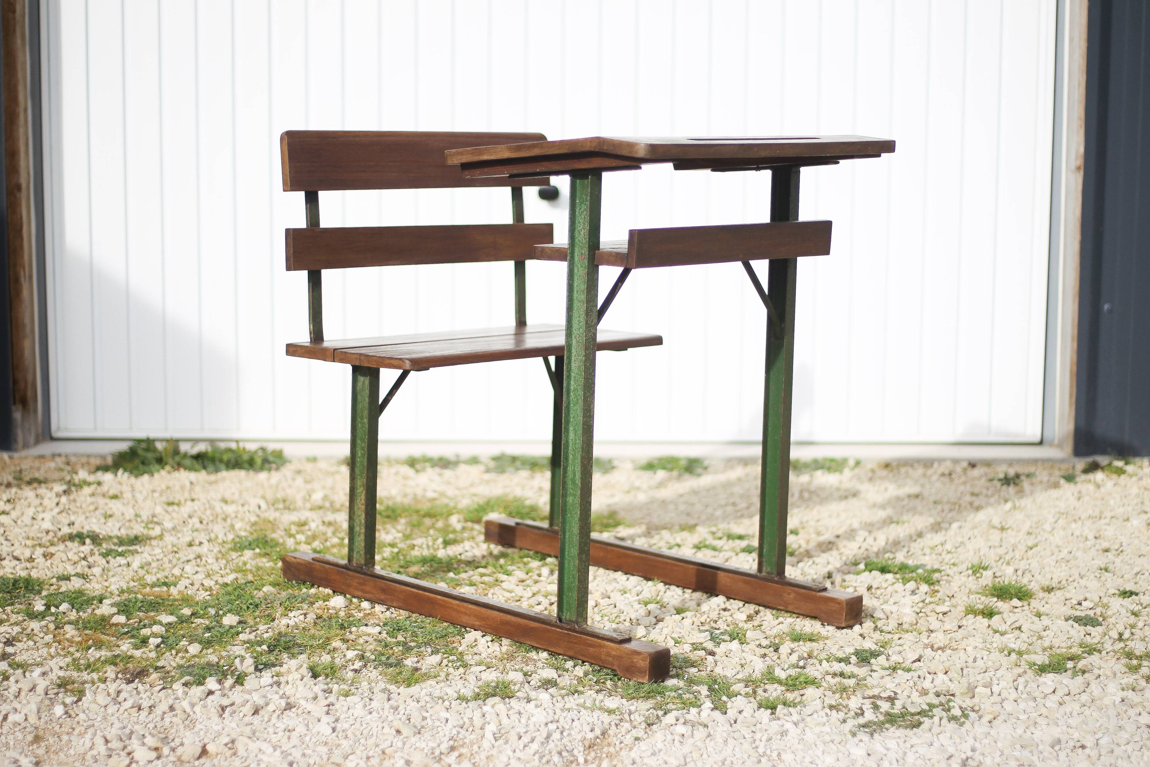 Vintage desk, wooden and metal children's desk, school desk