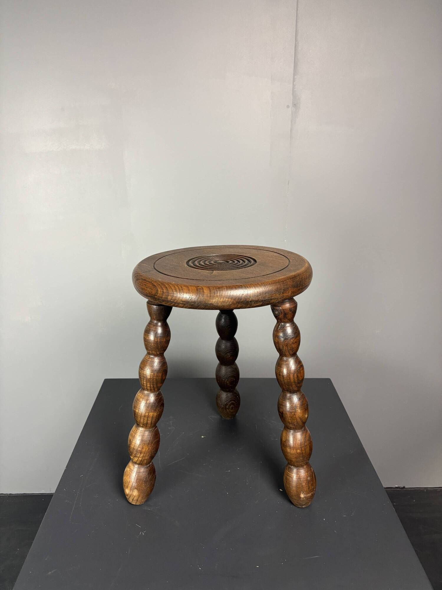 Midcentury bobbin wood turned stool, Charles Dudouyt style, France, 1950s