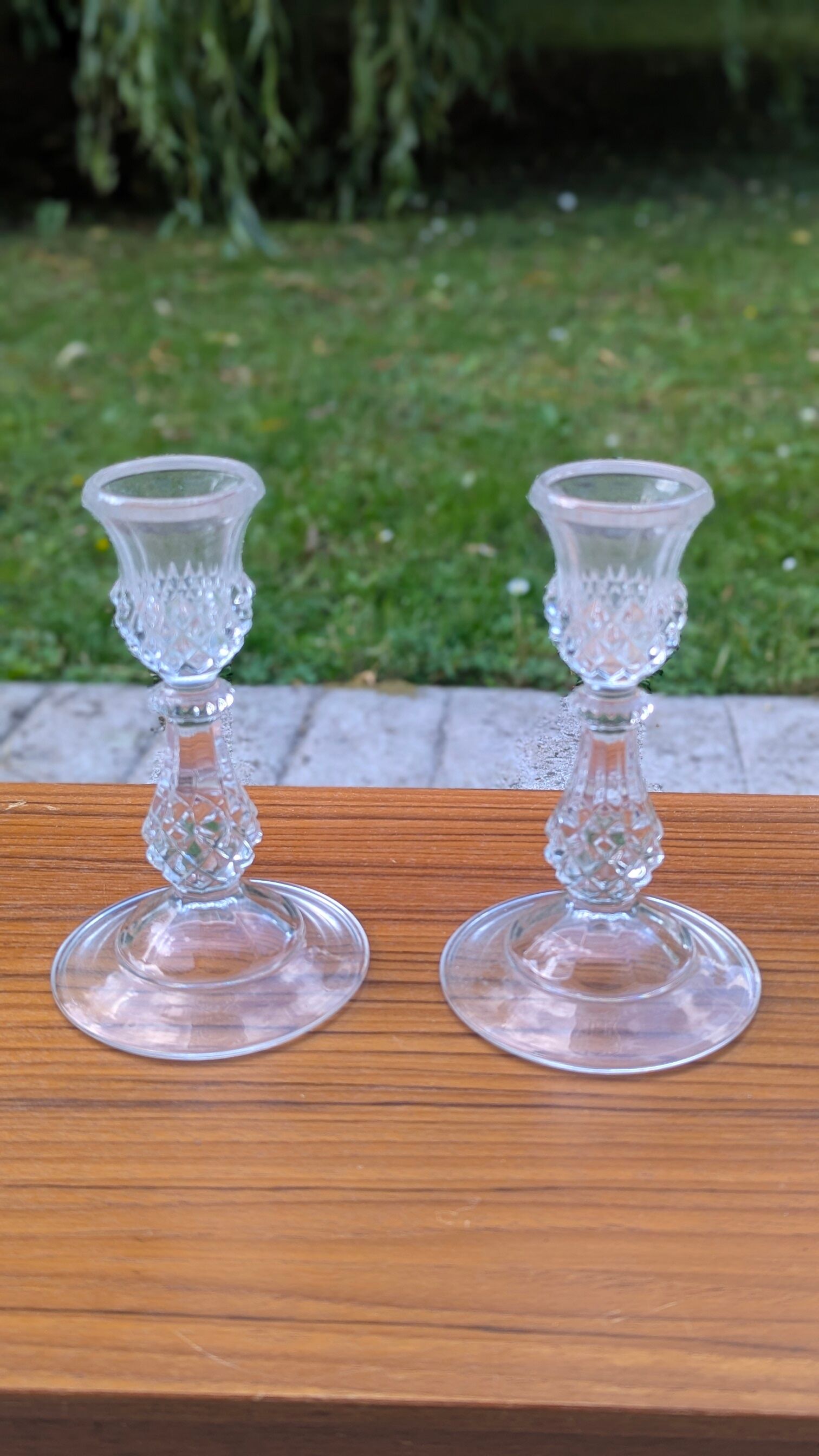 Pair of vintage glass candlesticks – Diamond point style