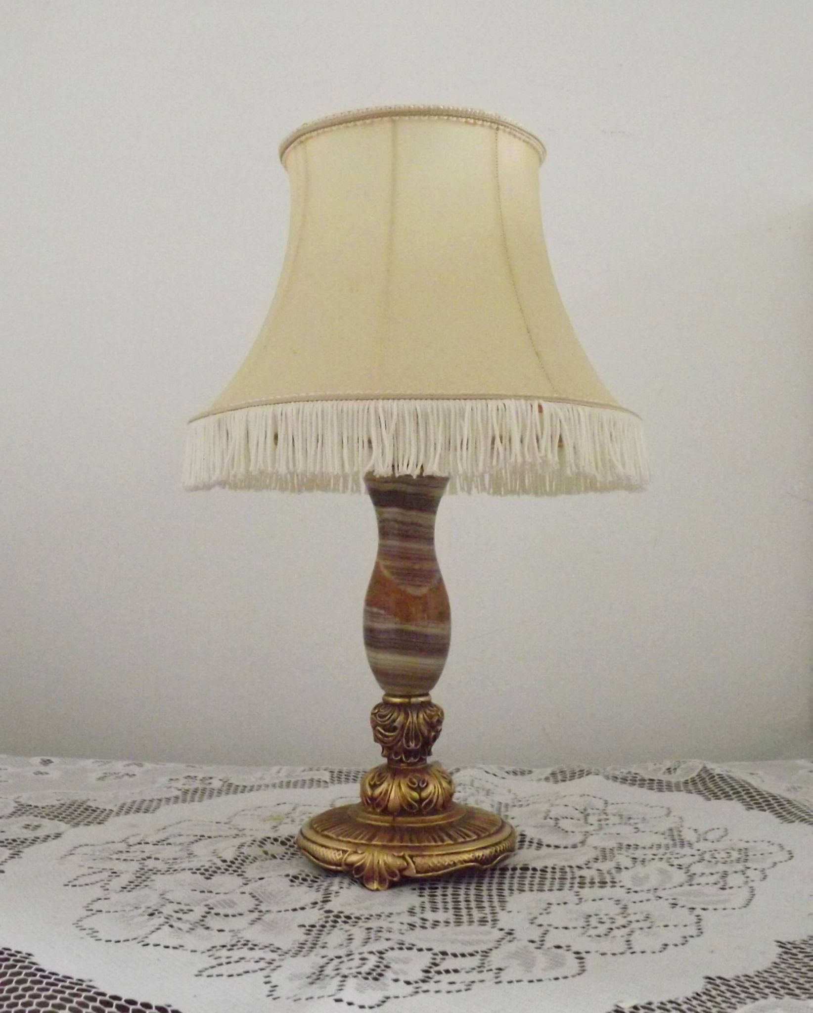 Vintage French Round Brass and Onyx Table Lamp With Cream Fringed Shade